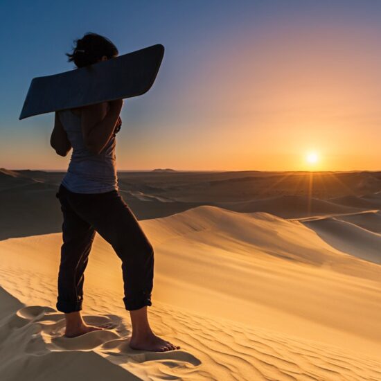 Young woman Sandboarding in Desert during Sunset